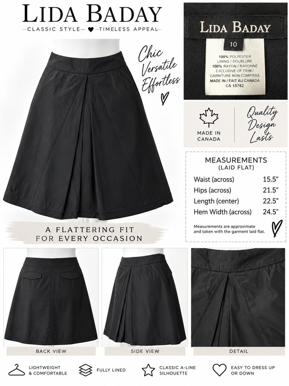 LIDA BADAY Black Pleated A-Line Skirt — Size 10